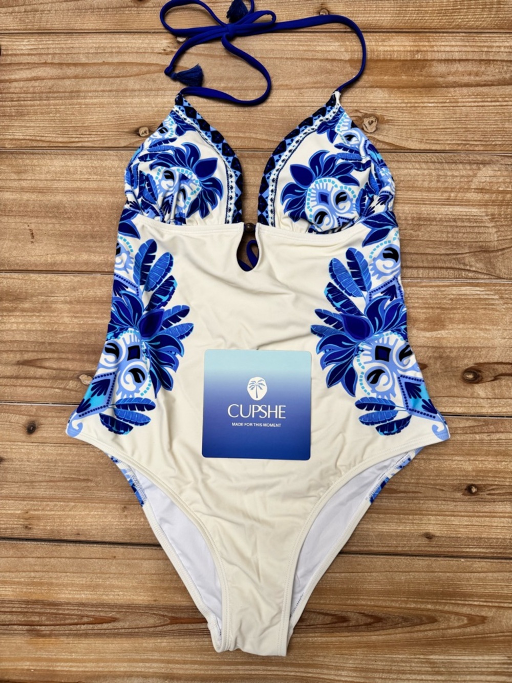 NWT Cupshe Cream One-Piece Swimsuit with Blue Floral Accents